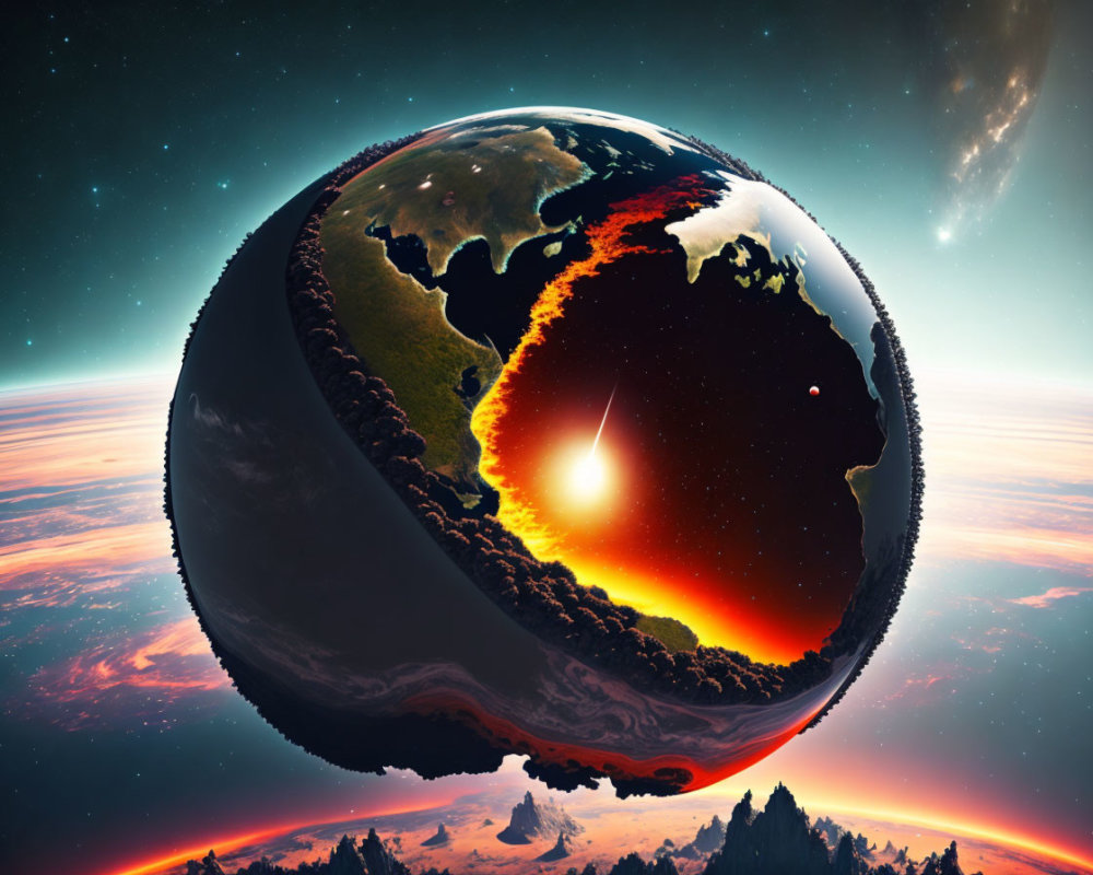 Surreal image of planet torn apart with exposed core amid cosmic backdrop