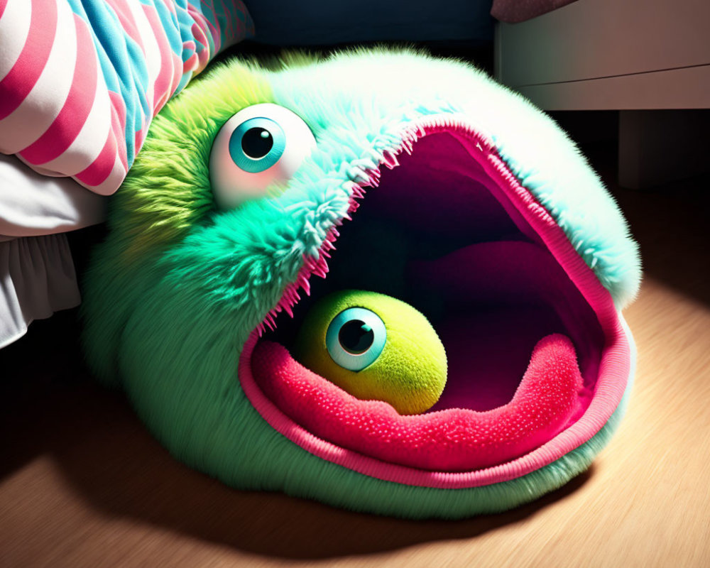 Colorful Fluffy Monster with Googly Eyes Under Bed