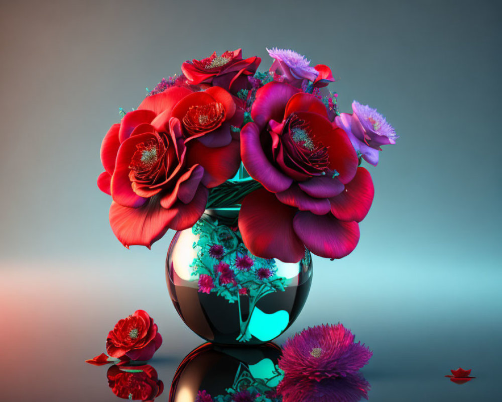 Colorful Red and Purple Flower Bouquet in Reflective Vase on Gradient Background