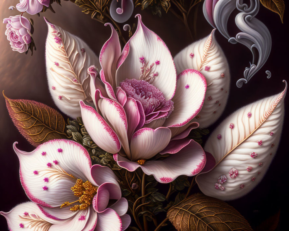Detailed digital painting of ornate white and pink fantasy flowers on dark background