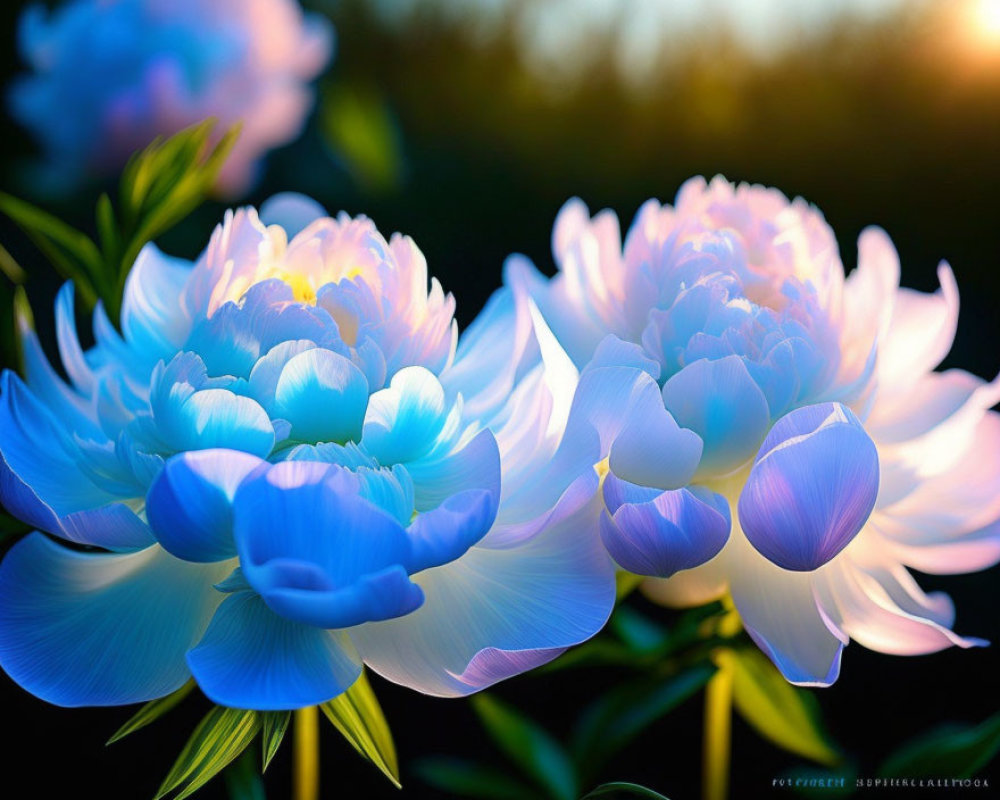 Blue and White Peonies in Soft Sunlight on Dark Background