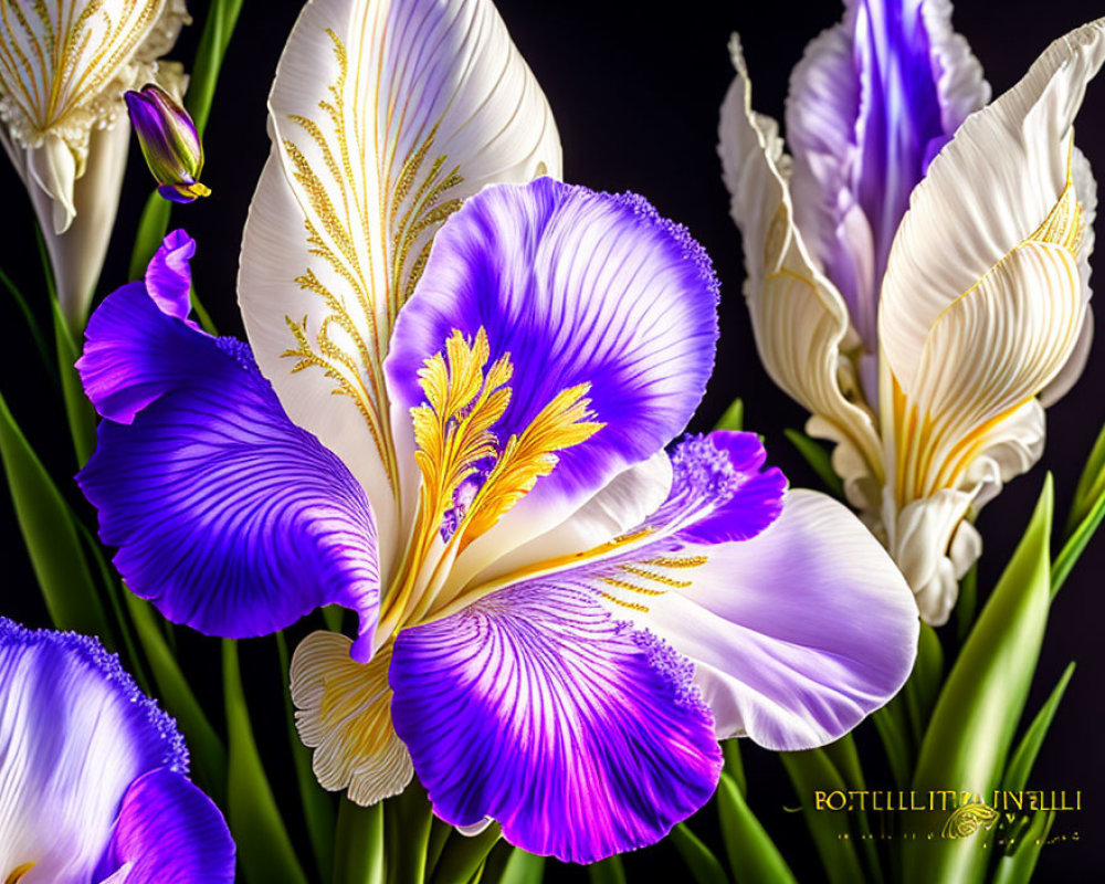 Detailed Close-Up of Purple and White Iris Flowers