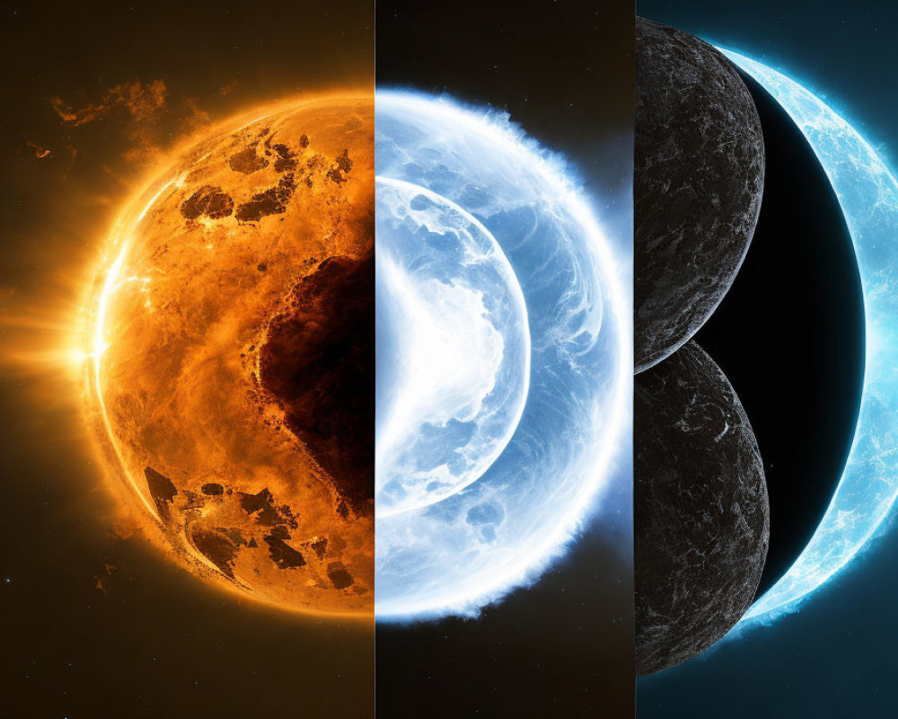 Celestial bodies split in fiery orange and icy blue with glowing border
