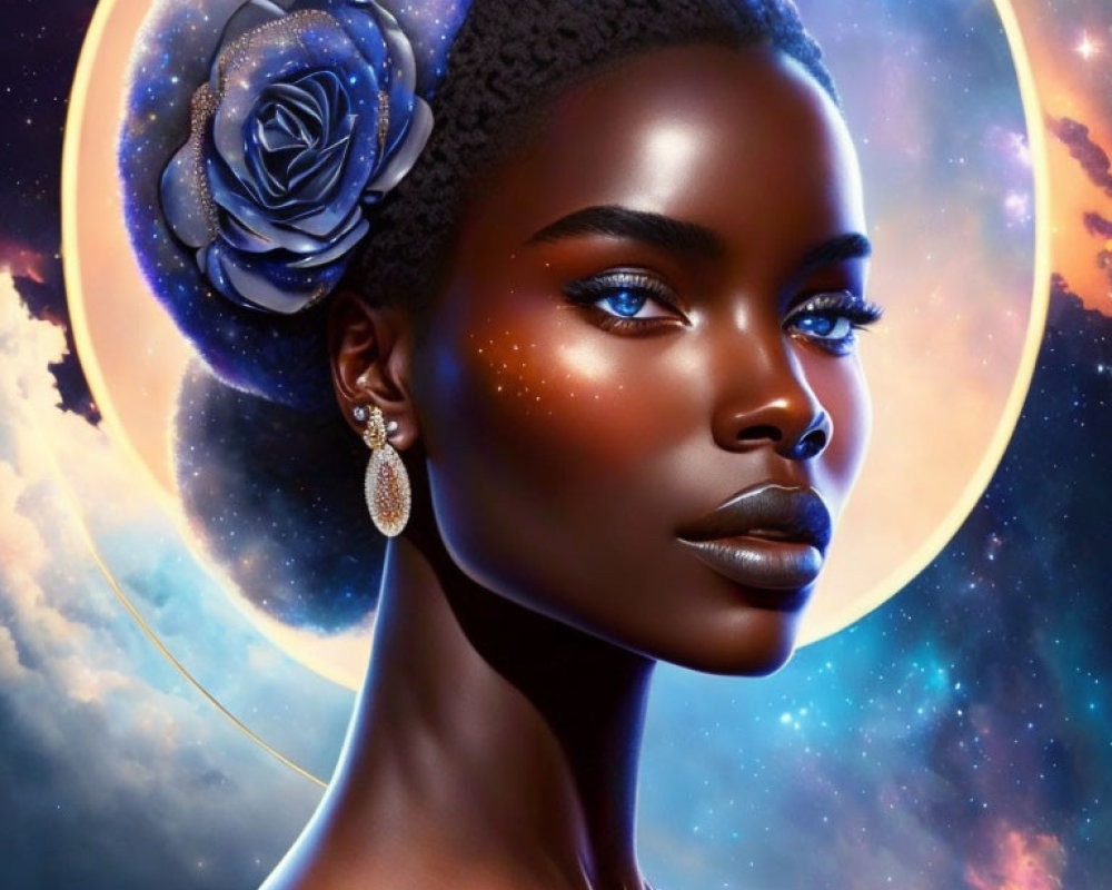 Digital portrait featuring woman with glowing halo, blue rose, and starry background