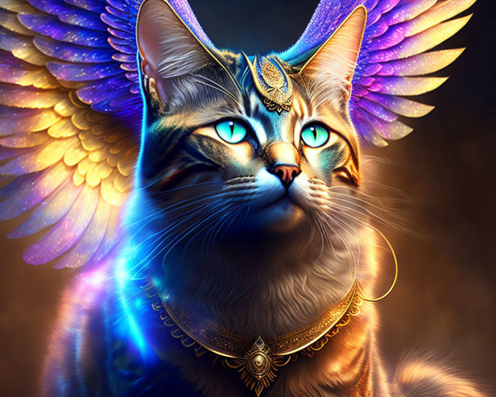 Mystical cat with vibrant wings and glowing blue eyes and golden jewelry