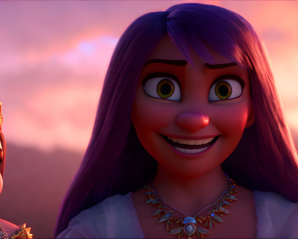 Smiling animated female character with purple hair and green eyes