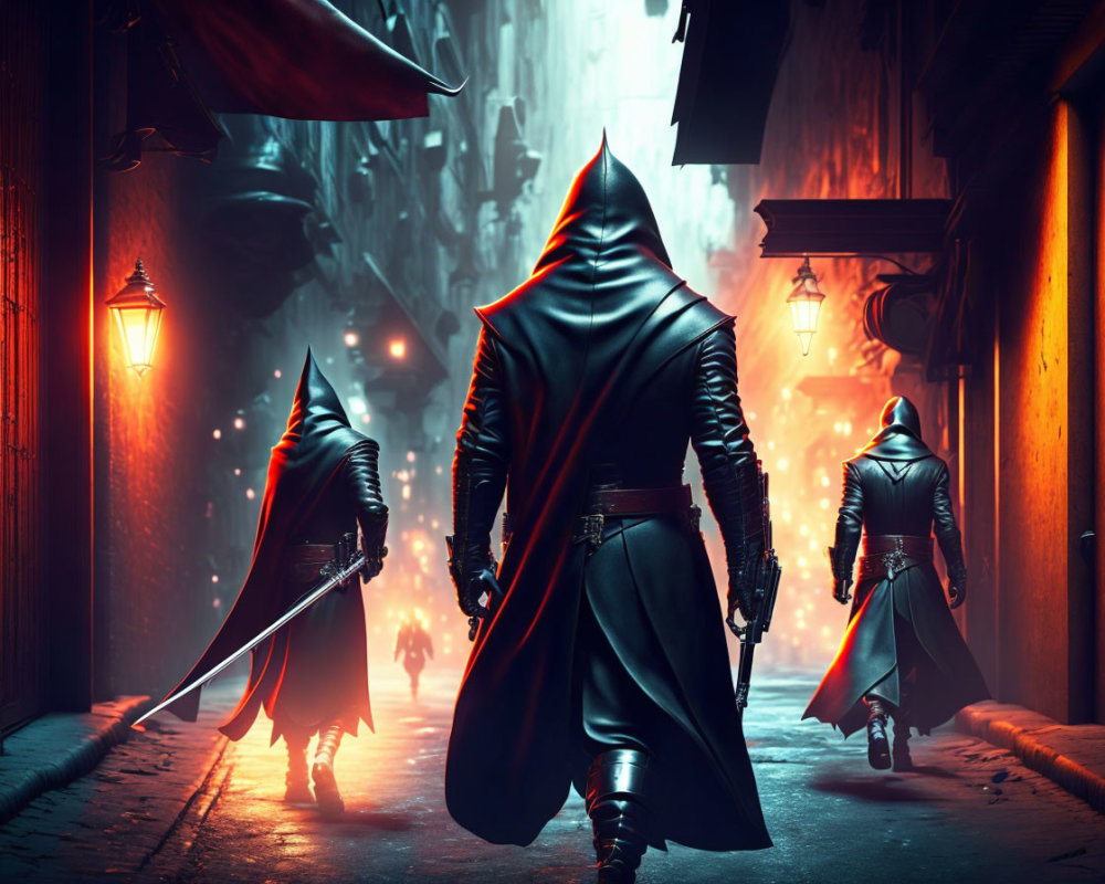Three hooded figures with swords in a dim alleyway