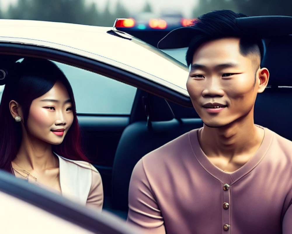 Dark-haired man and woman smiling in car with police lights in background