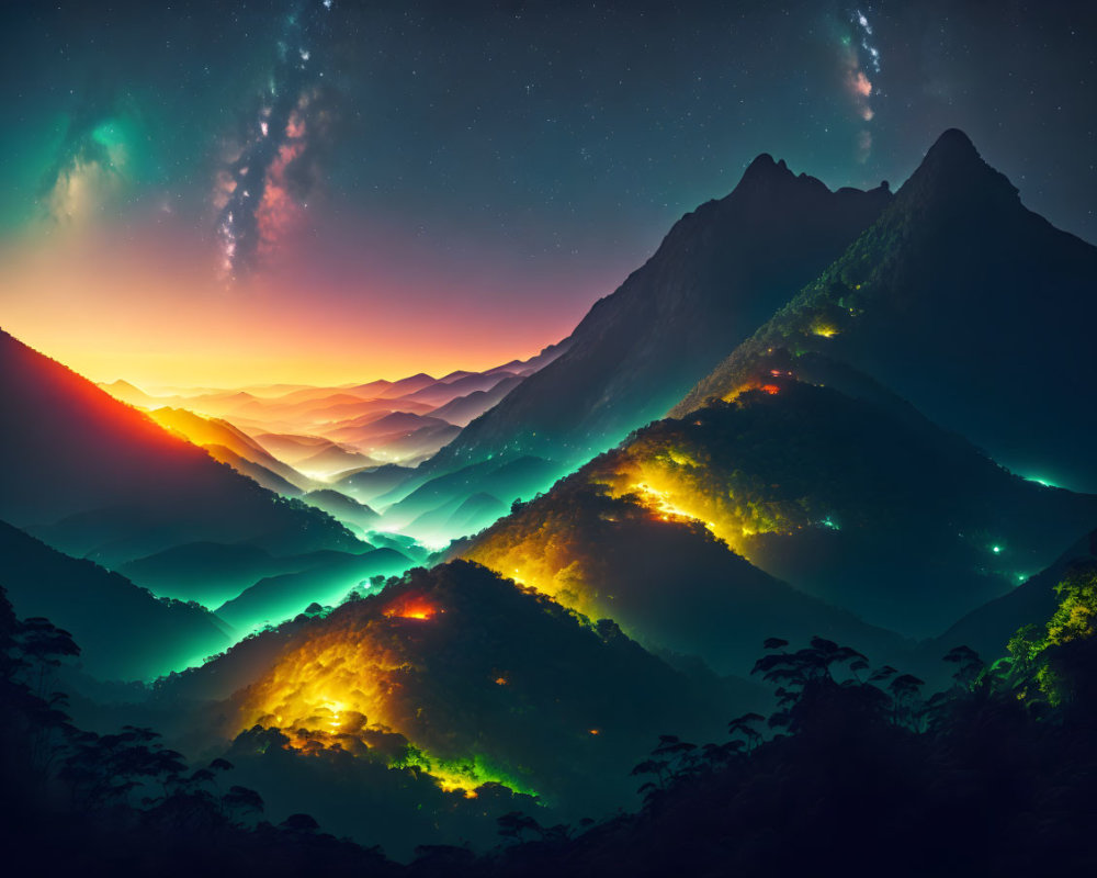 Surreal landscape: Glowing hills, starlit sky, aurora borealis