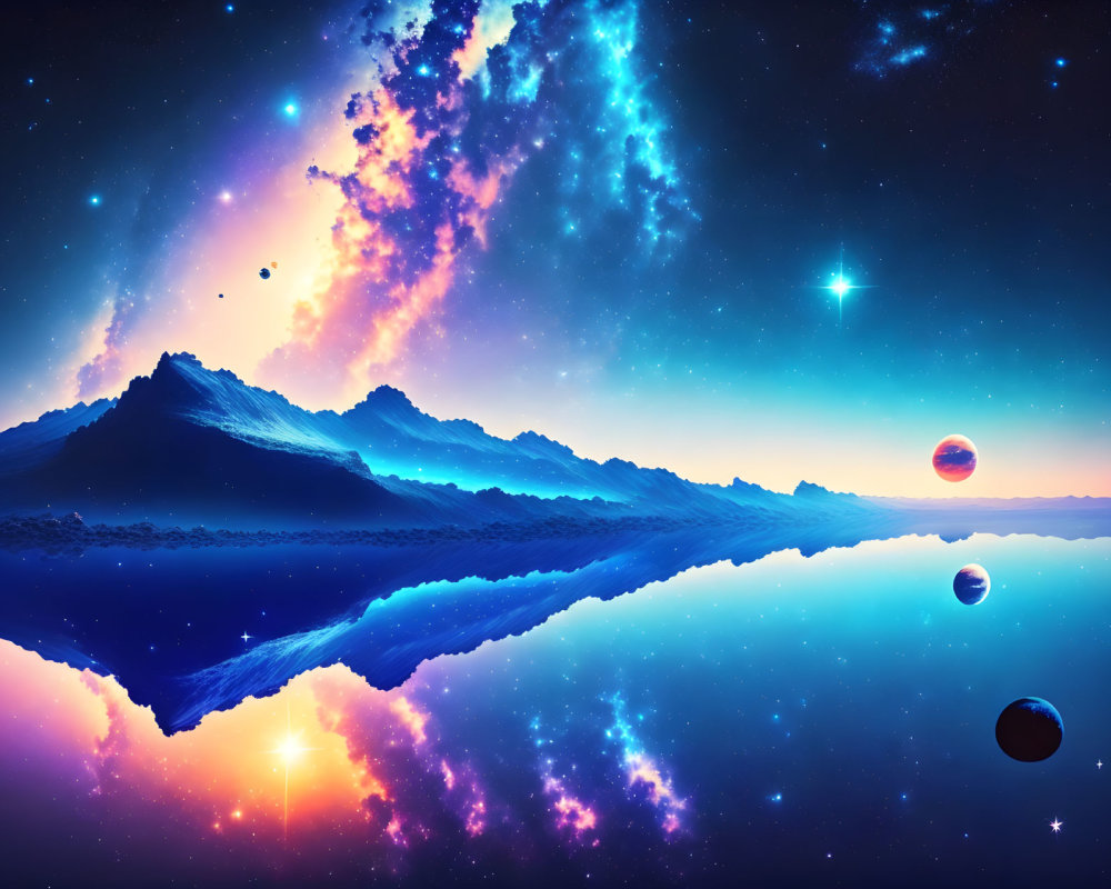 Colorful Cosmic Landscape with Mountains, Water, Nebulae, Stars, and Planets