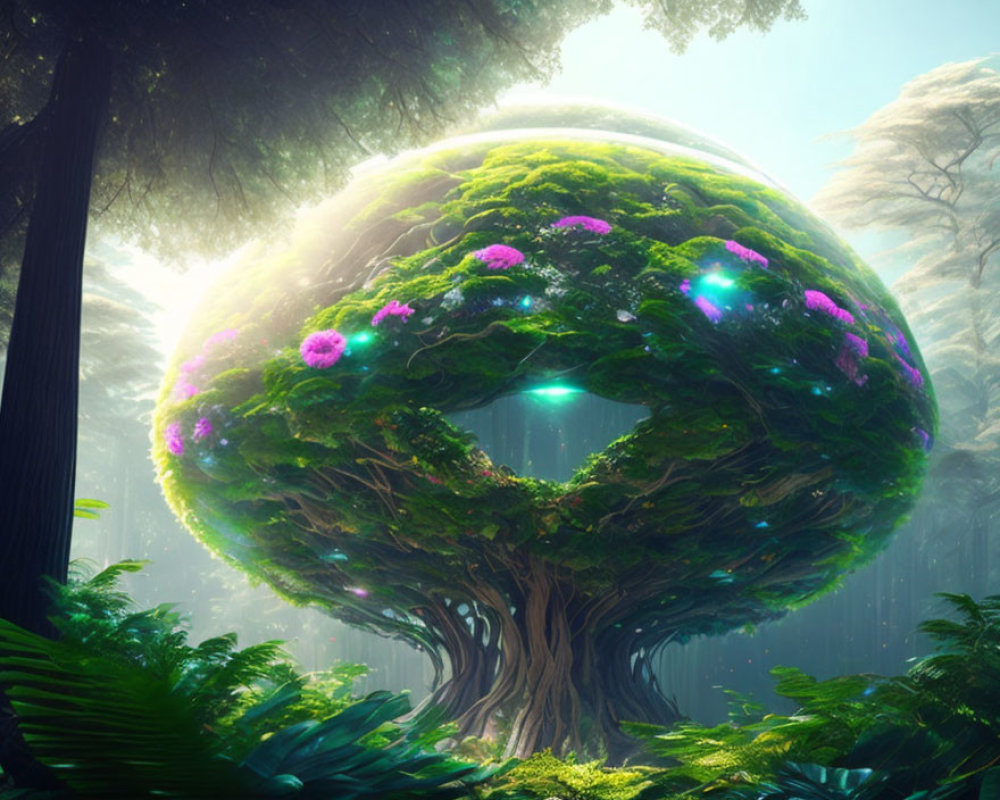 Glowing spherical canopy in ethereal forest landscape
