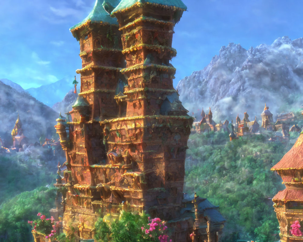 Ornate fantasy structure in lush greenery with mountains and warm light