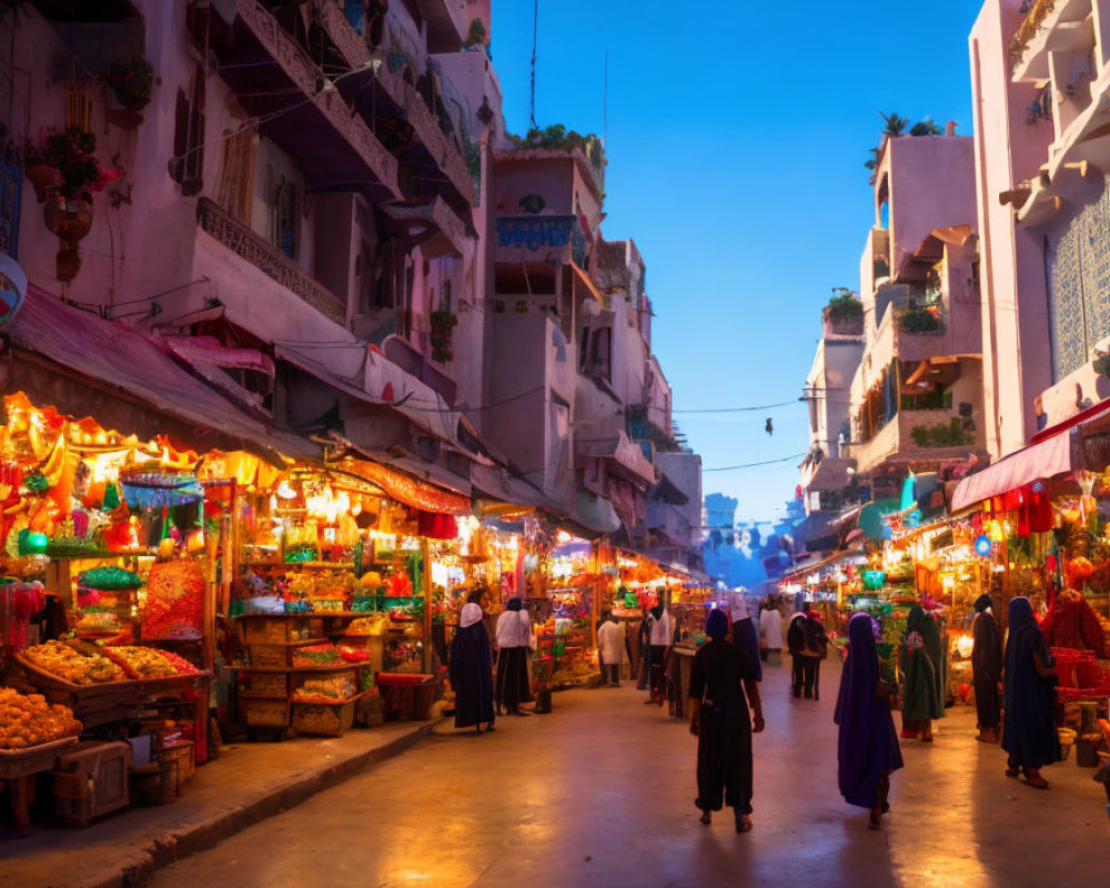 Vibrant market street at dusk with colorful stalls, people, and traditional buildings.