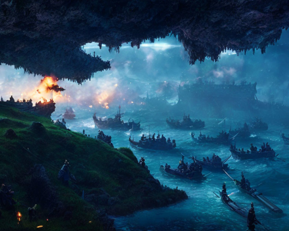 Night scene of hidden cove with illuminated ships, torches, warriors, starry sky.