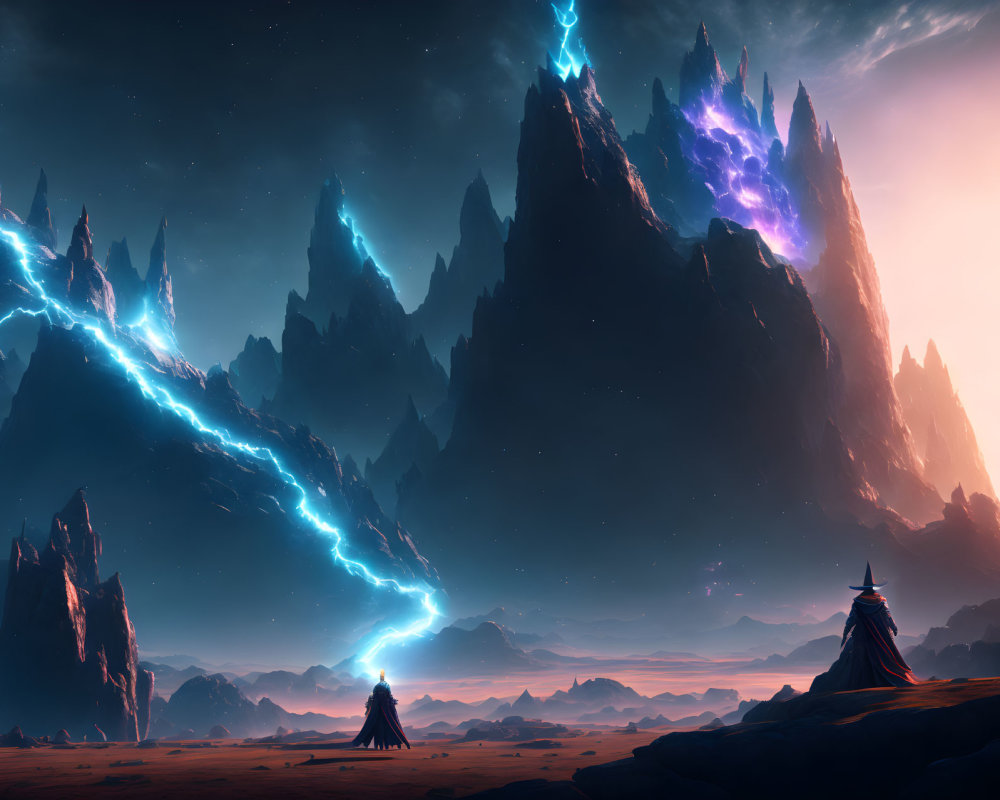 Mystical landscape with towering mountains and cloaked figures