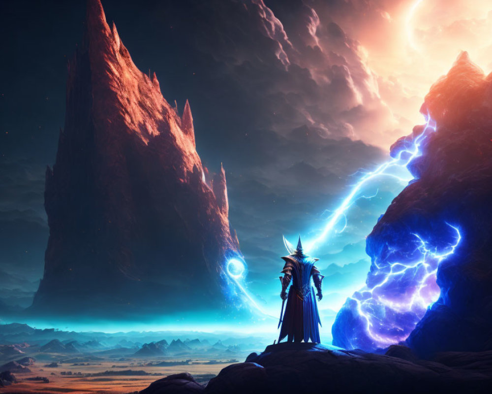 Fantasy landscape with cloaked figure using magic near glowing blue rift