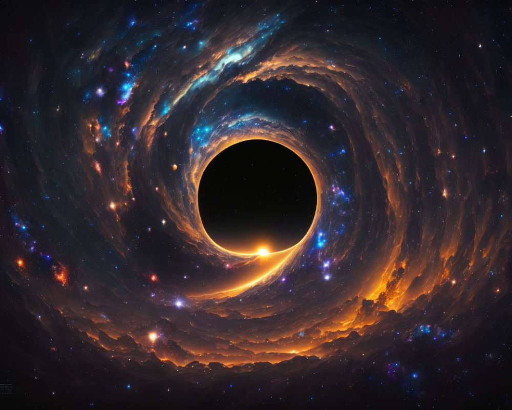 Cosmic digital art: Black hole with swirling cosmic disk and stars on dark space background