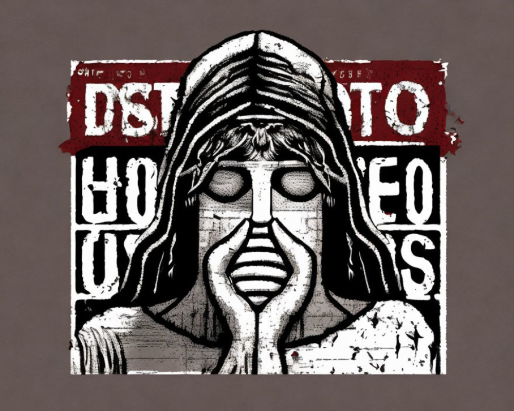 Female Figure with Long Hair and Finger on Lips on Distressed Red and White Background