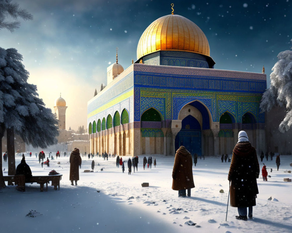 Snow-covered Dome of the Rock scene with people and trees under cloudy sky