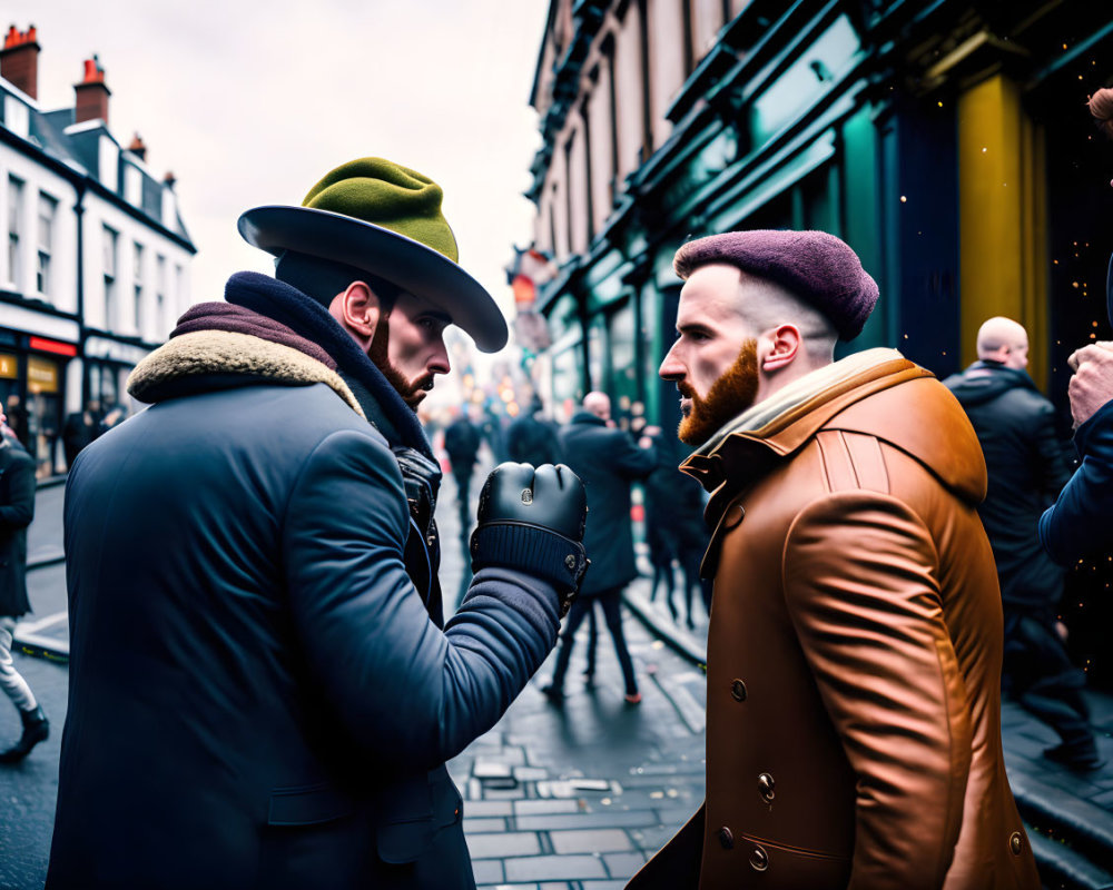 Men in hats and winter coats in intense street gaze.