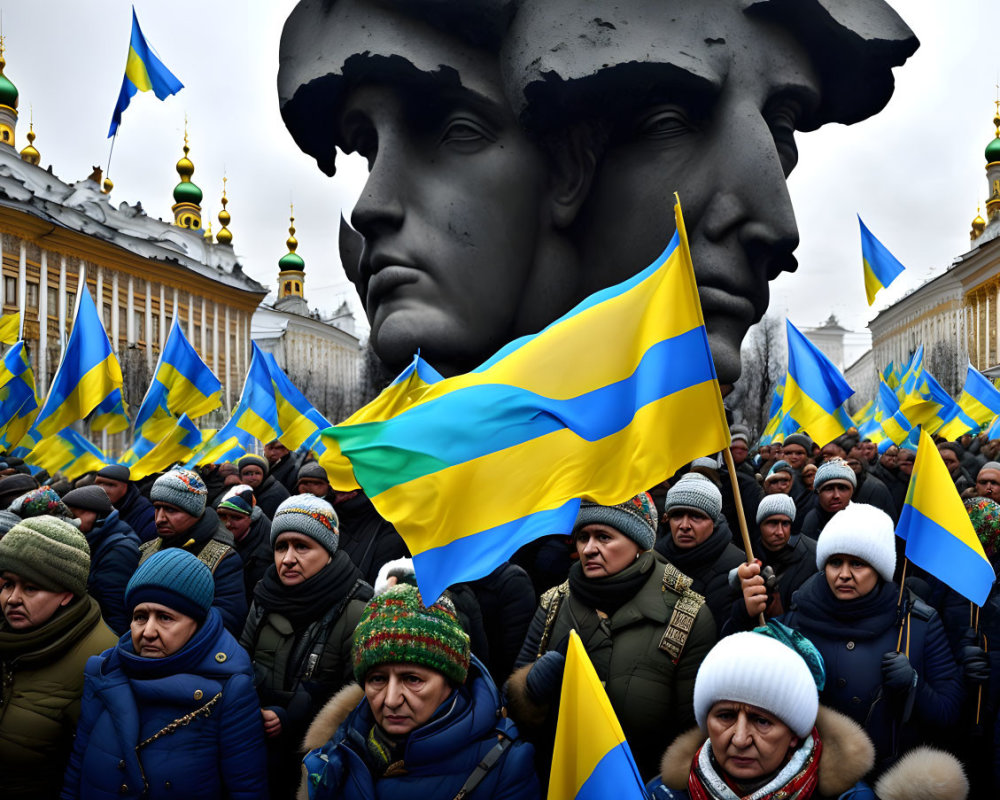 Serious crowd holding Ukrainian flags near statue and golden spires