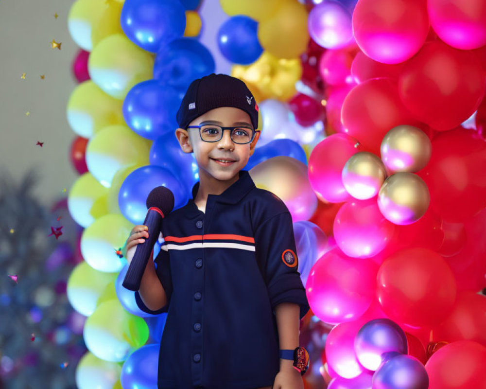 Smiling child with cap and glasses holding microphone near colorful balloons