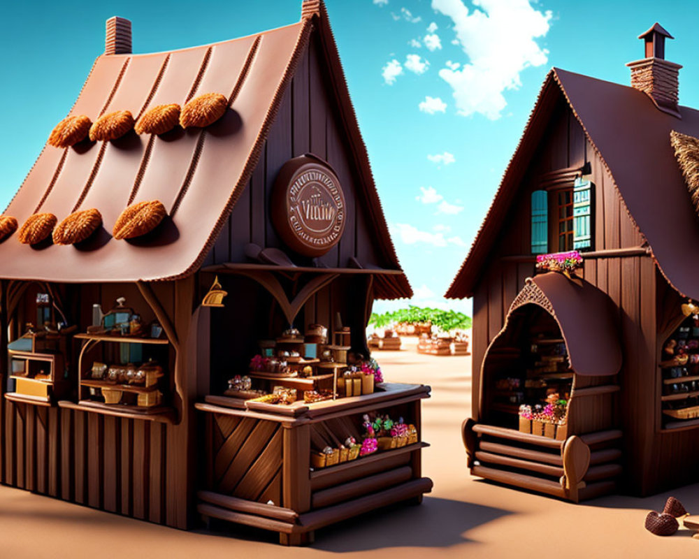 Cartoonish wooden market stalls with breads under blue sky