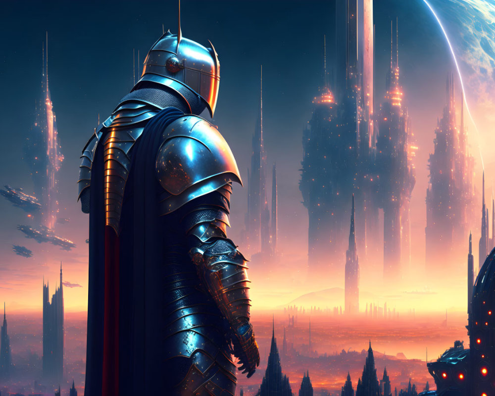 Futuristic knight in armor overlooking cityscape at twilight