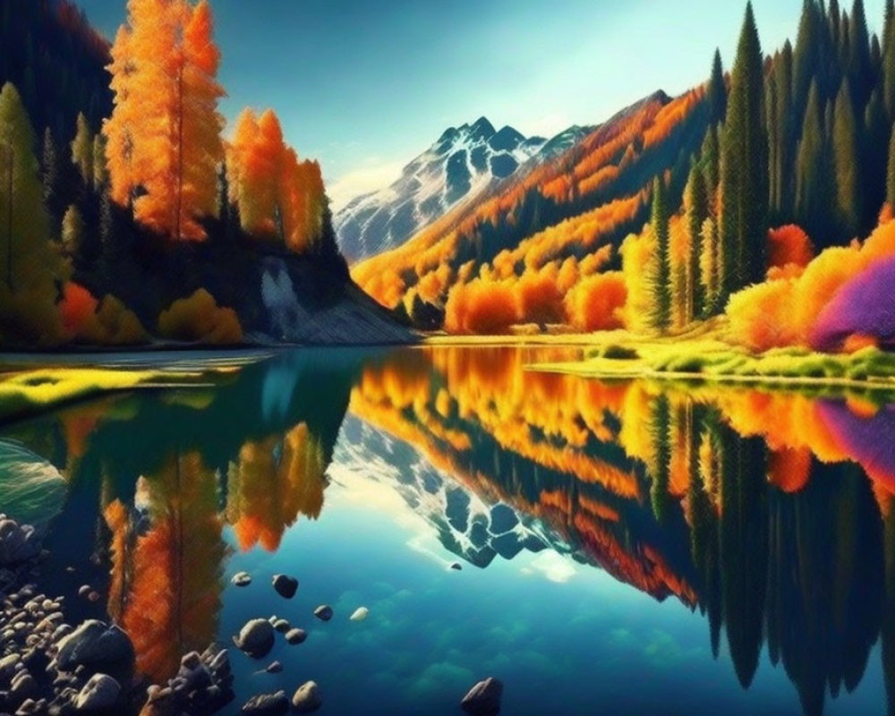 Tranquil Mountain Lake with Autumn Foliage and Pine Trees
