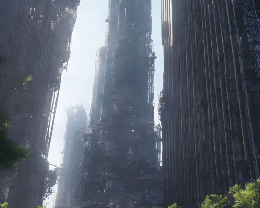 Futuristic cityscape with towering skyscrapers and green trees
