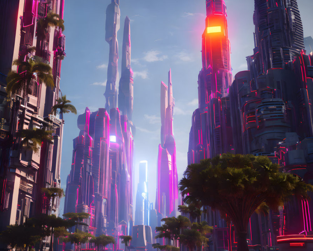 Vibrant futuristic cityscape with skyscrapers and neon lights