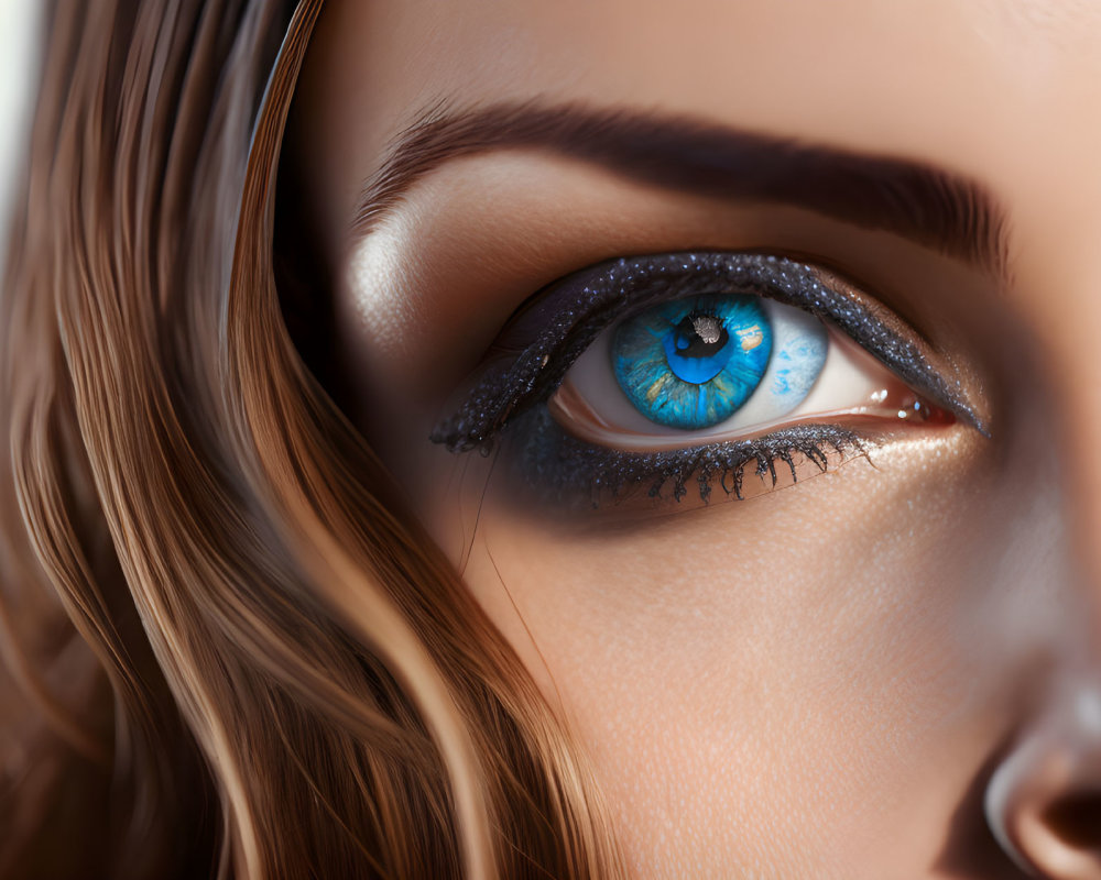 Blue eye with black eyeliner and mascara, fair skin, and wavy light brown hair portrait.