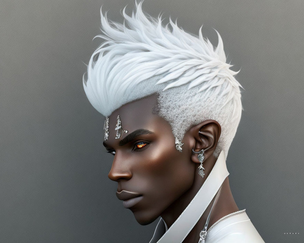 Digital Artwork Featuring Person with Striking White Hair and Silver Jewelry