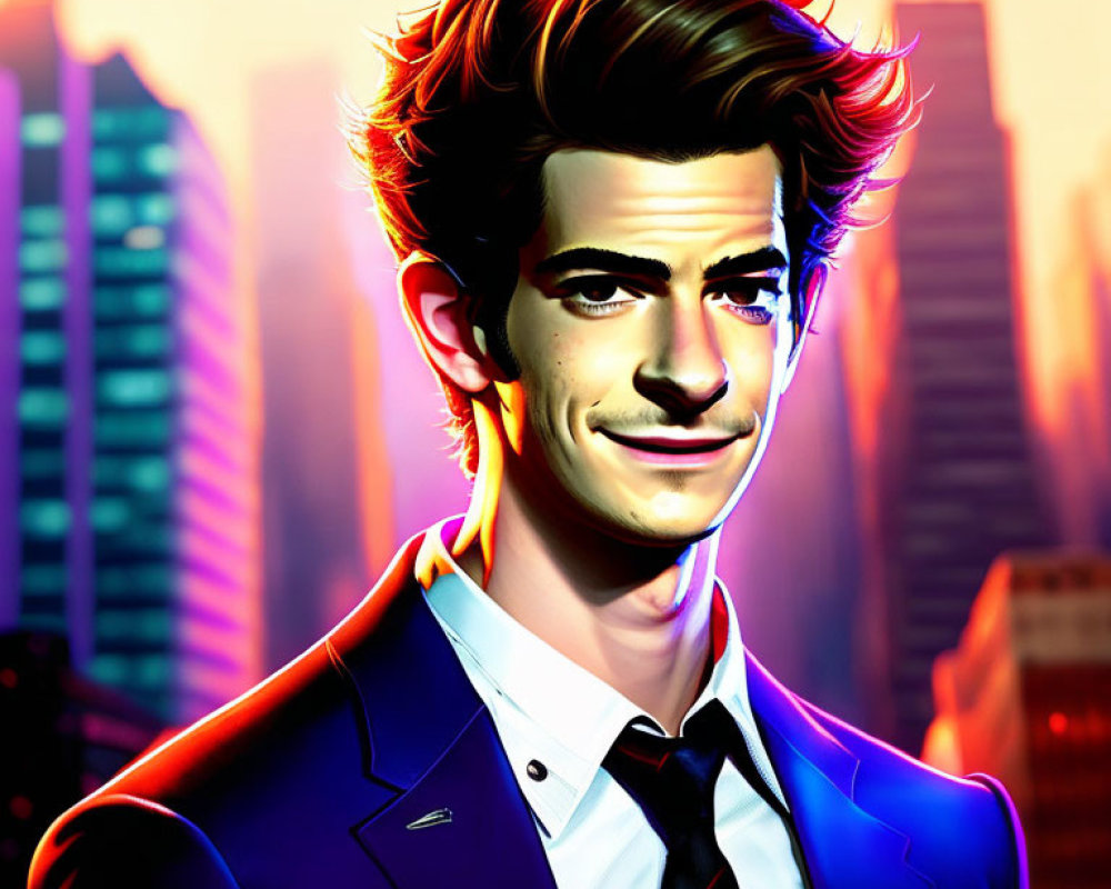 Smiling young man with voluminous hair in suit against sunset cityscape