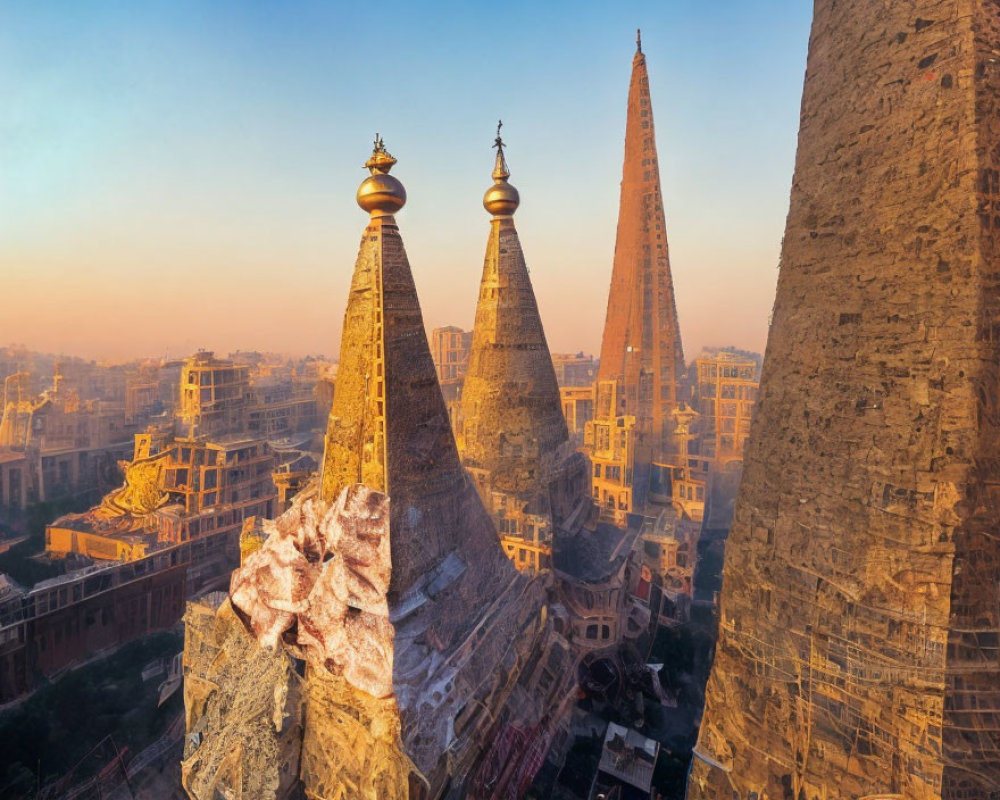 Ornate historical structures with spires in warm sunset light