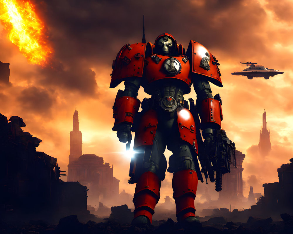 Gigantic red and gray mech in war-torn cityscape with fiery explosion and flying craft