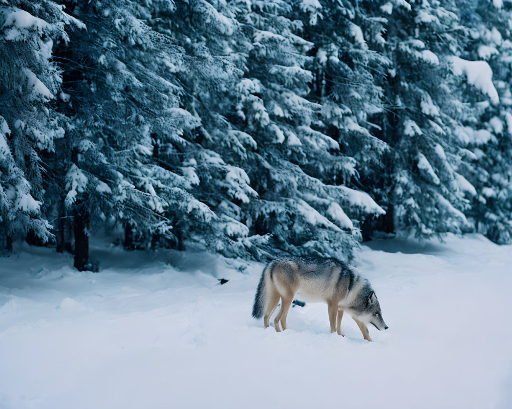 Lone wolf in snowy forest with dense pine trees