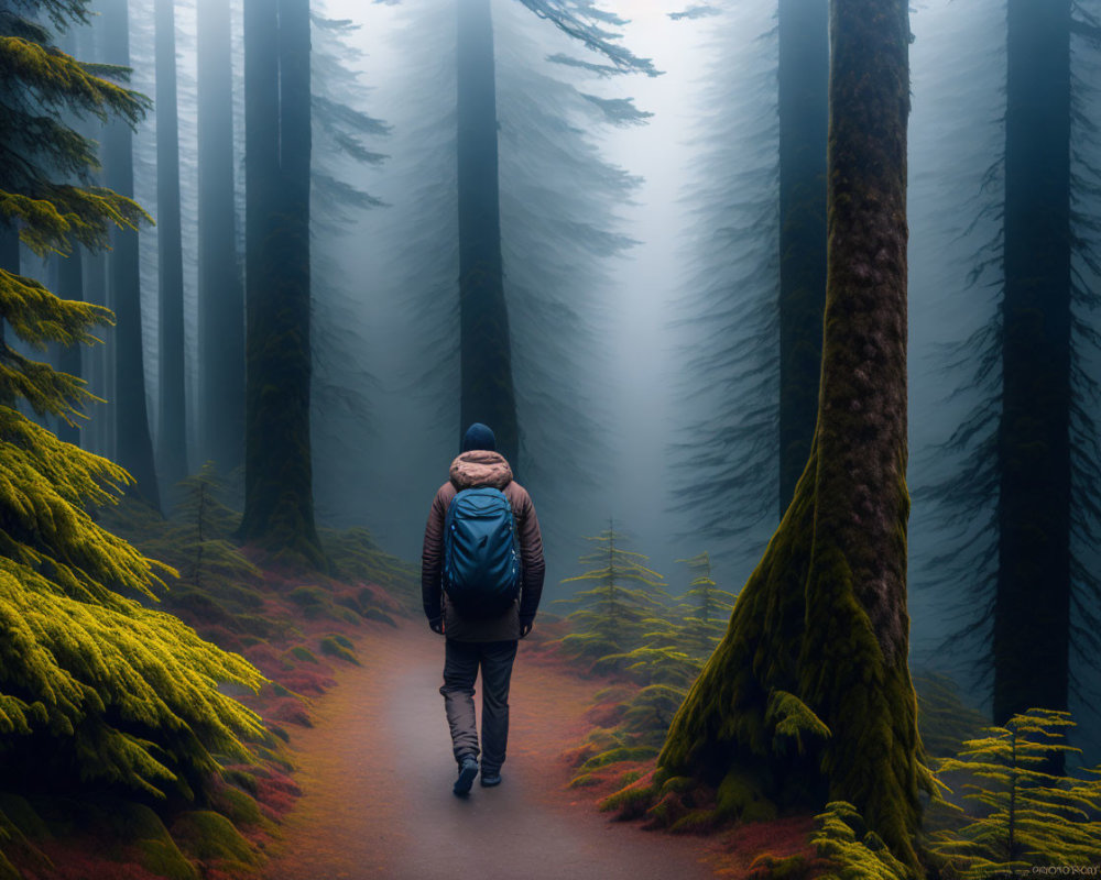 Person in beanie and backpack walking on misty forest path among tall trees and green moss