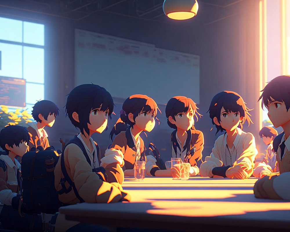 Sunlit classroom with students focused on presentation, girl in foreground looking at viewer.