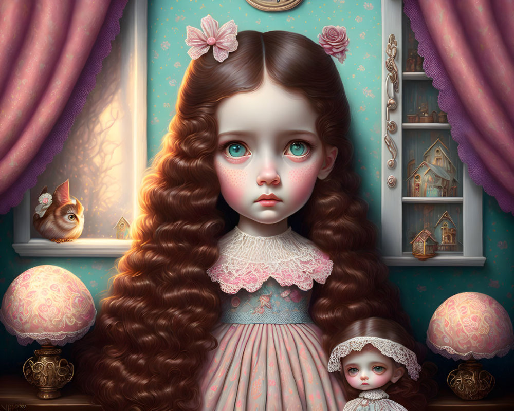 Digital artwork featuring girl with large eyes, curly hair, vintage dress, surrounded by ornate lamps,
