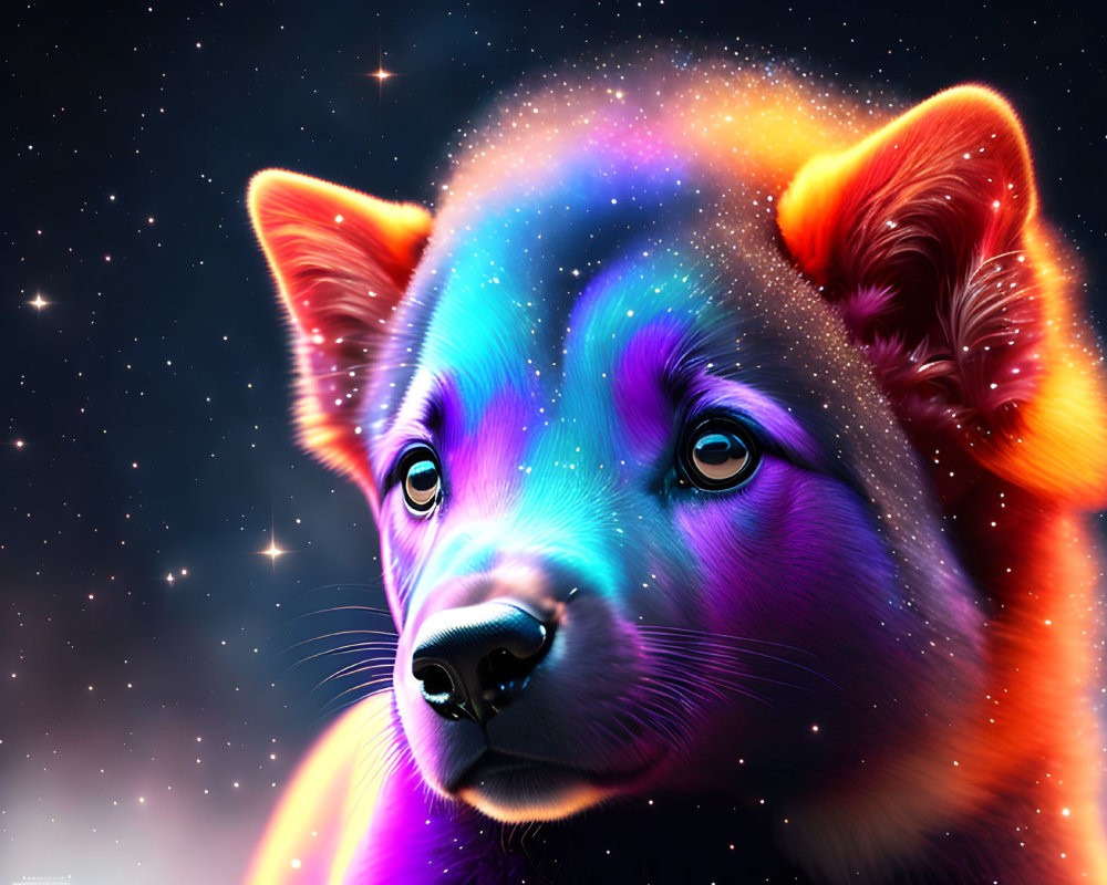 Colorful Wolf Artwork with Neon Rainbow Fur on Starry Night Sky
