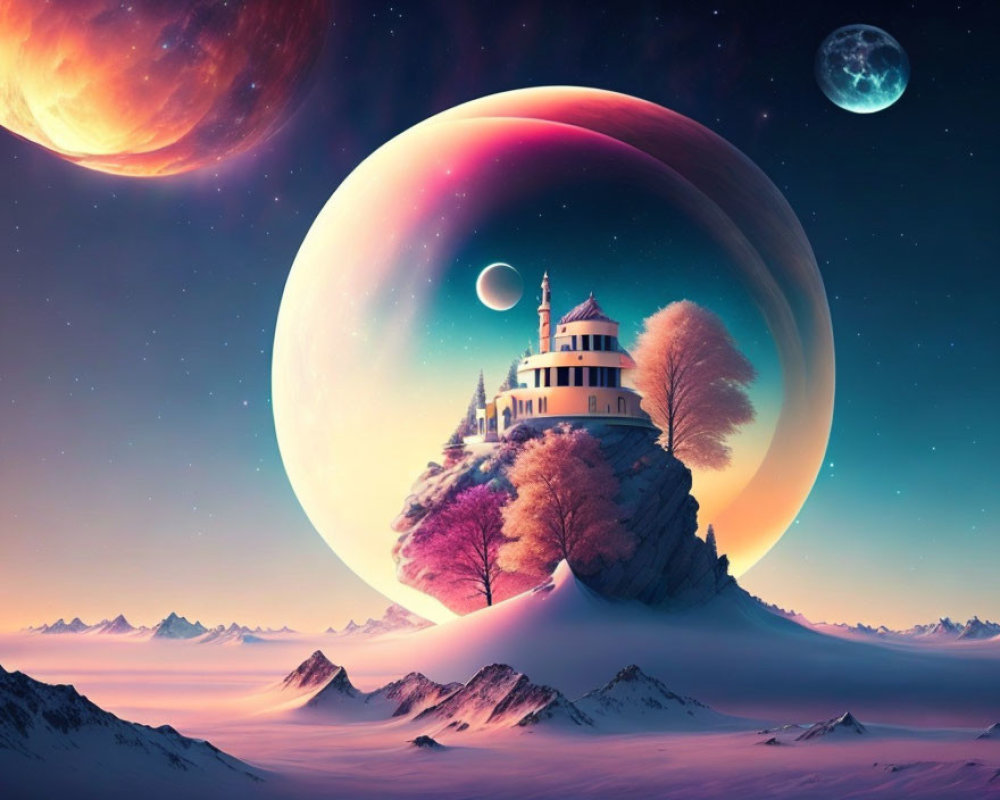 Colorful surreal landscape with castle, planets, mountains, and celestial body