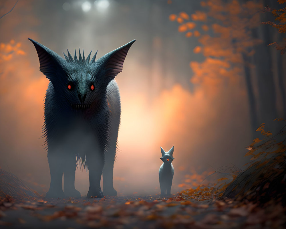 Mysterious creatures with glowing red eyes in foggy forest