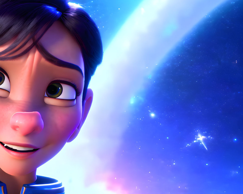 Female astronaut animated illustration observing bright comet in star-filled sky