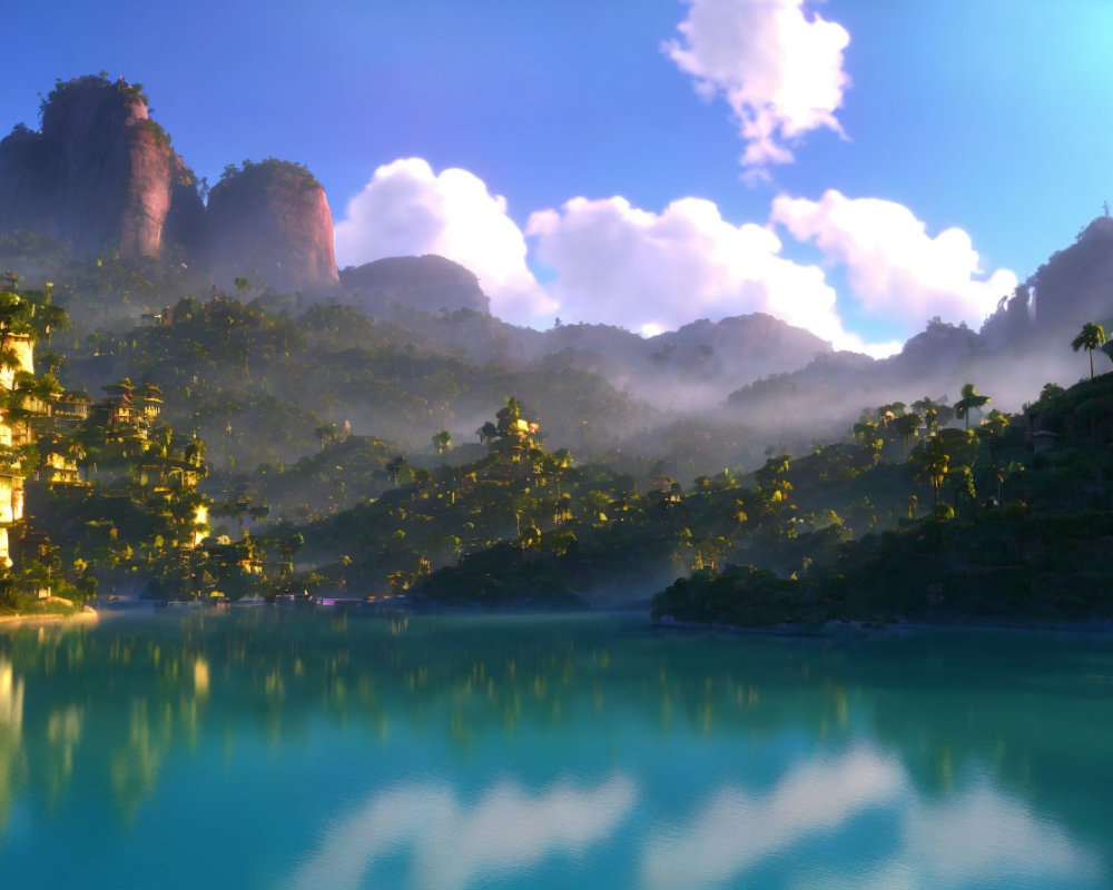 Tranquil digital landscape: misty mountains, lush greenery, calm lake