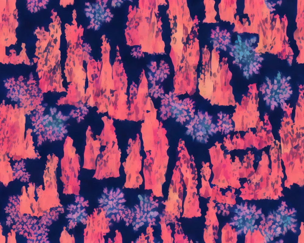 Vibrant pink and orange abstract shapes on dark blue background
