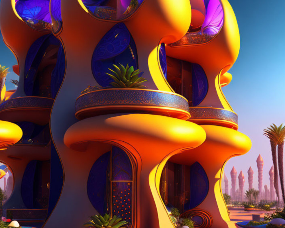 Futuristic building with orange structures and purple glass in desert oasis