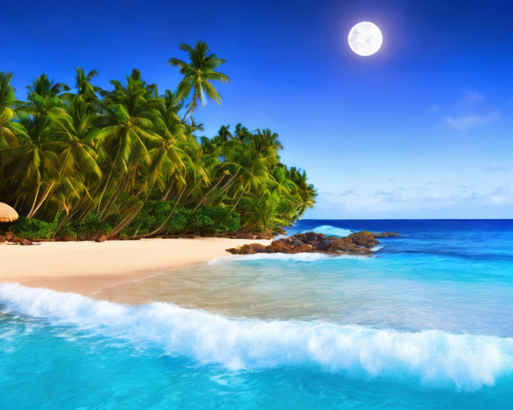 Tropical Beach at Night with Palm Trees and Full Moon