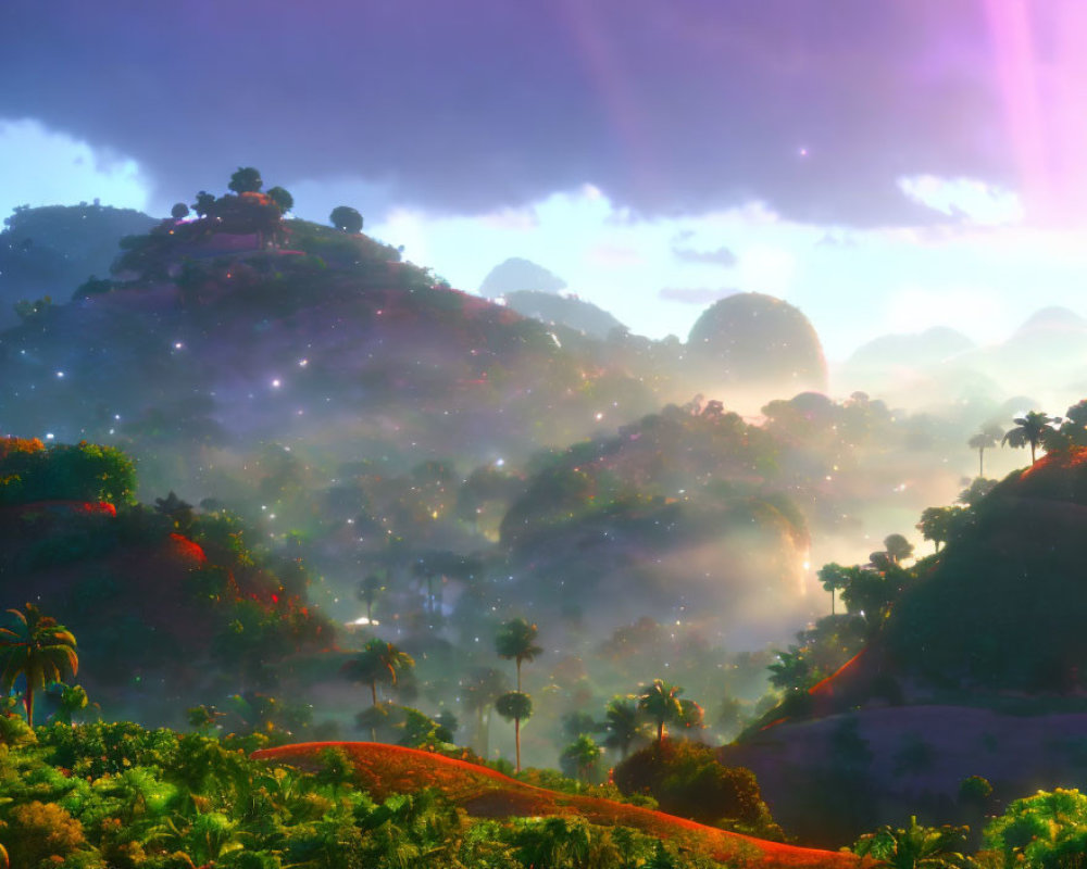 Mystical landscape: rolling hills, lush greenery, purple sky