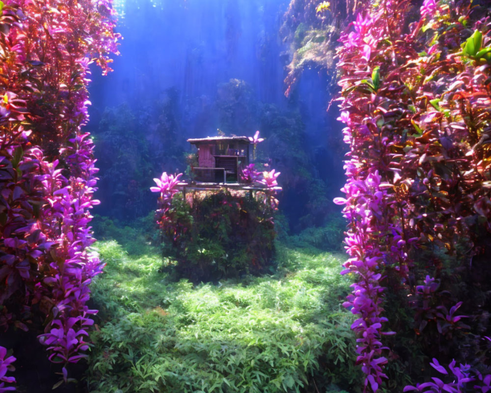 Vibrant pink foliage surrounds small wooden hut in mystical garden